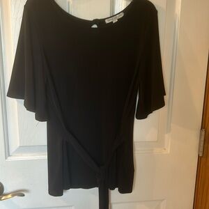 Black silky short sleeve top with attached tie around waist